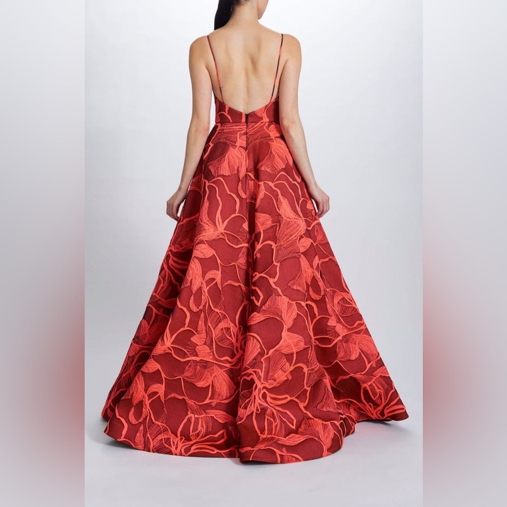 Amsale New Italian Fluorescent Floral Jacquard Gown In Coral Black Size 14 - Picture 3 of 16